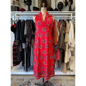Vintage 1960s red maxi dress, mod red floral, backless empire waist, size large